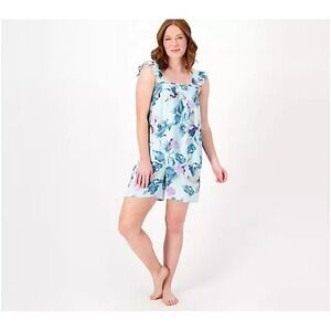 Breezies Lounge Simple Breeze Floral Ruffle Tank Women 1X Aqua Blue Fair Smocked